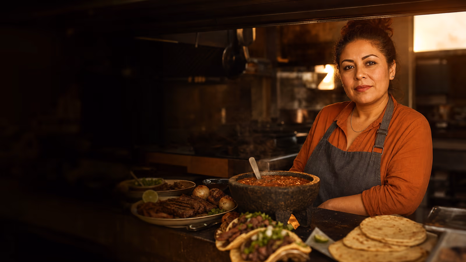 Dueña de restaurante en su cocina en Chihuahua